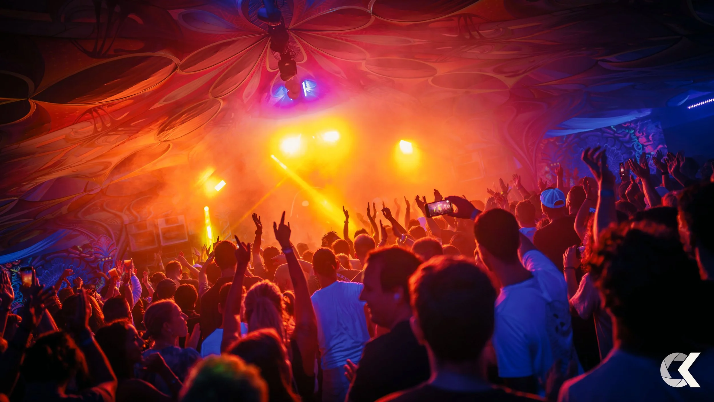 Crowd of people at a concert or nightclub dancing with hands raised, colorful bright lights, and a vibrant ceiling with artistic designs.