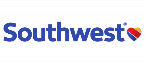 Southwest Airlines logo with the word 'Southwest' in blue text and a heart-shaped symbol with the American flag colors.