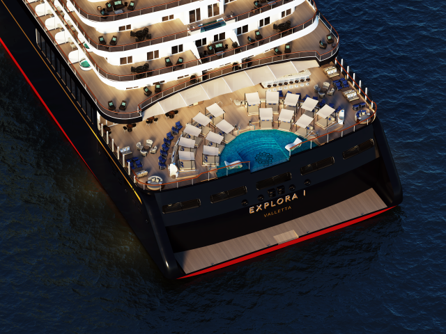 Top view of a cruise ship called Explora Vallyetta docked in water, showing multiple decks with outdoor seating, a pool area, and lounge chairs.
