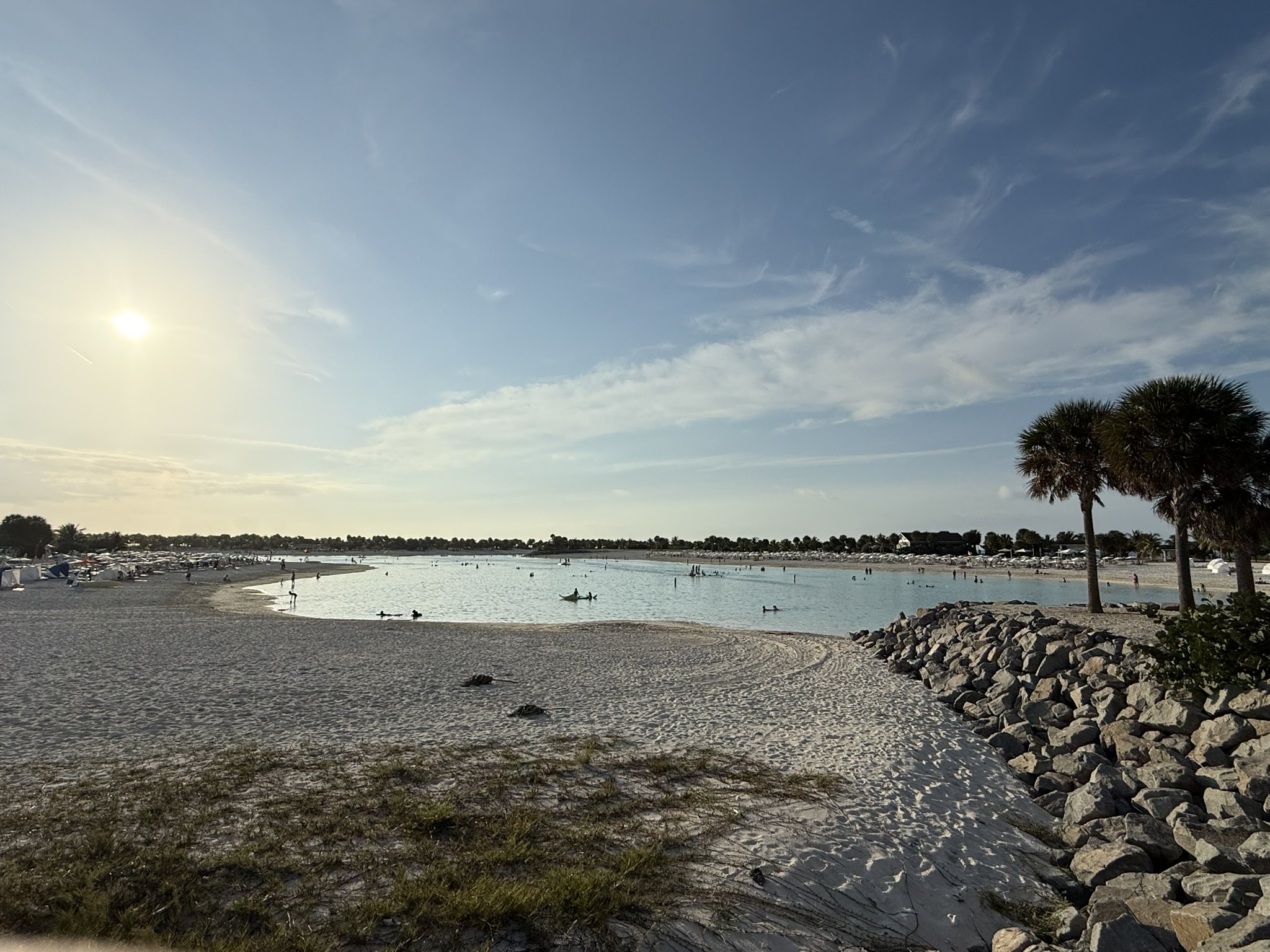 A serene beach with calm water, sandy shore, palm trees, and a clear sky with the sun shining.