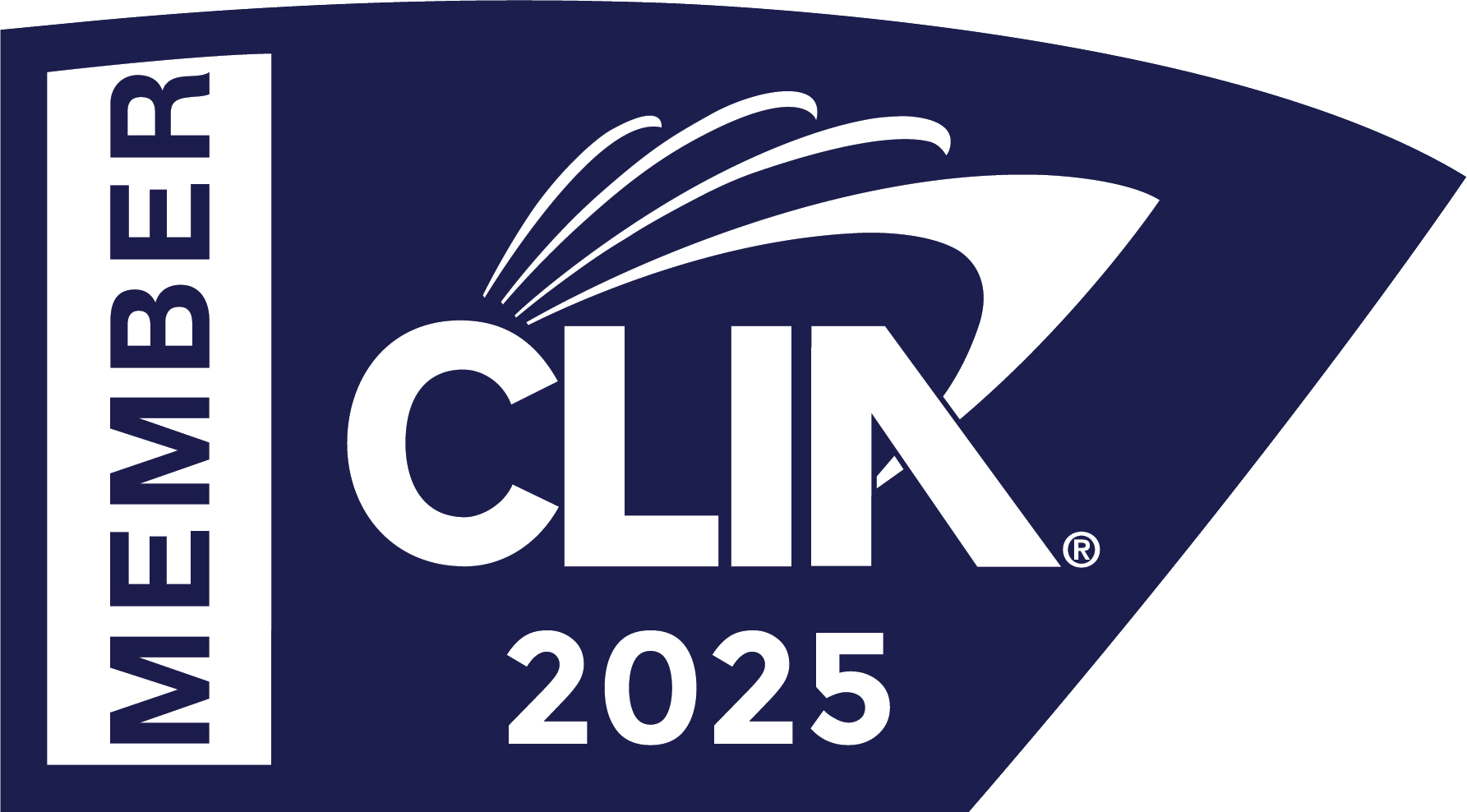 Logo of CLIA 2025, featuring  lines emanating from it, and white text on a dark blue background.