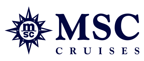 MSC Cruises logo featuring a navy blue sunburst with an M and S in the middle, and the words "MSC CRUISES" beside it.