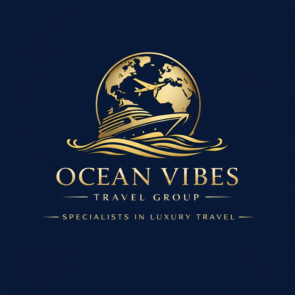 Logo for Ocean Vibes Travel Group featuring a globe with a cruise ship and airplane, and the text 'Ocean Vibes Travel Group, Specialists in Luxury Travel' on a dark blue background.