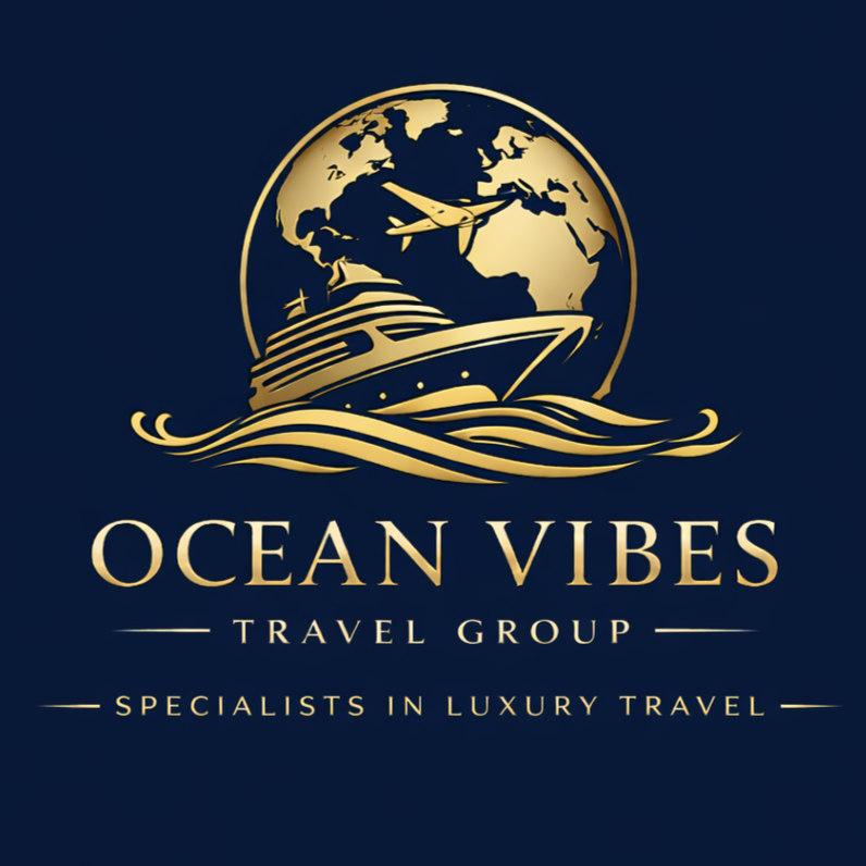 Logo for Ocean Vibes Travel Group featuring a globe with a plane and a yacht, with gold accents on a dark blue background and the text "Ocean Vibes Travel Group" and "Specialists in Luxury Travel."