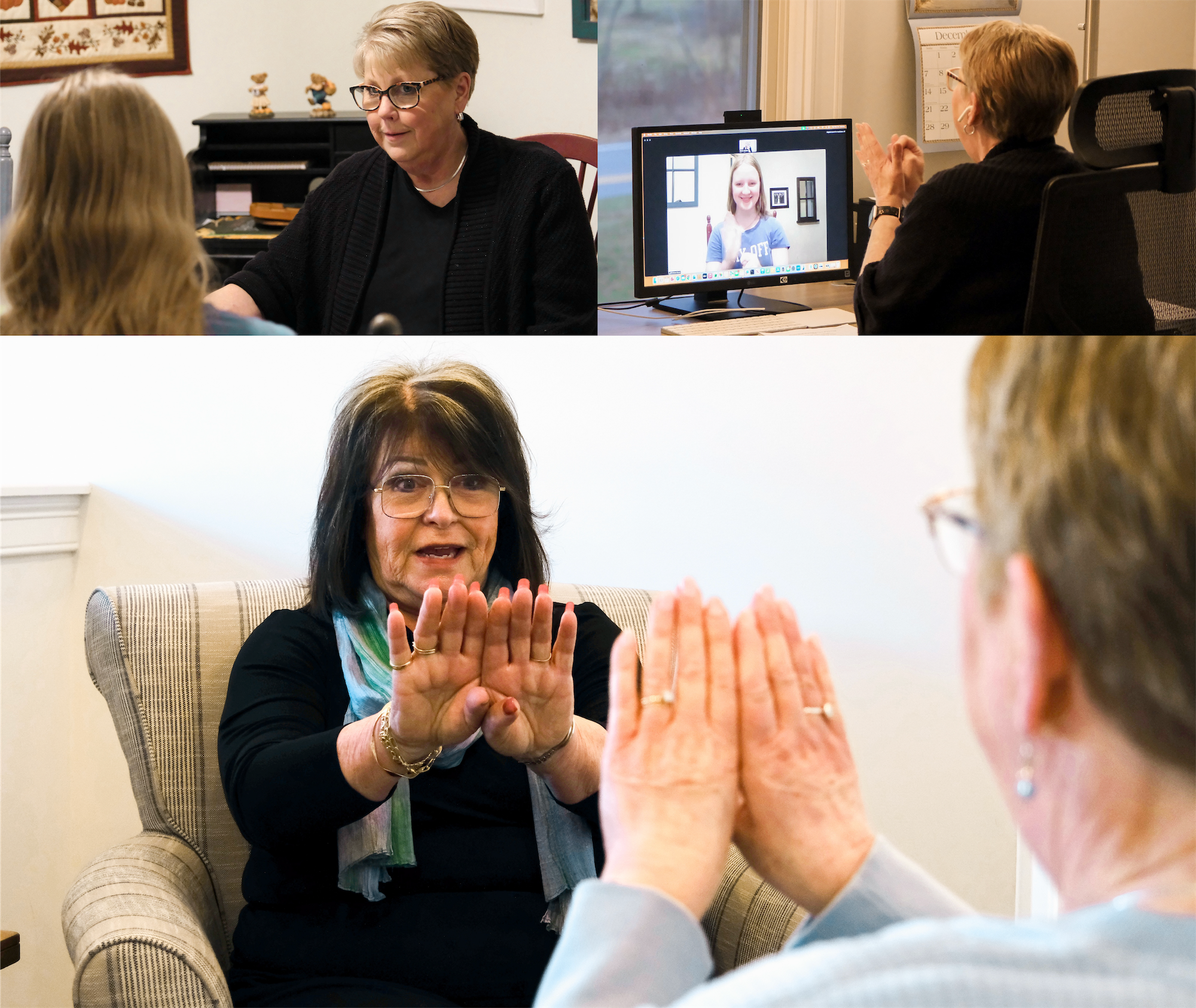 A photo collage of ASL lessons, showing both young and old students, and showing both in person and video chat lessons.