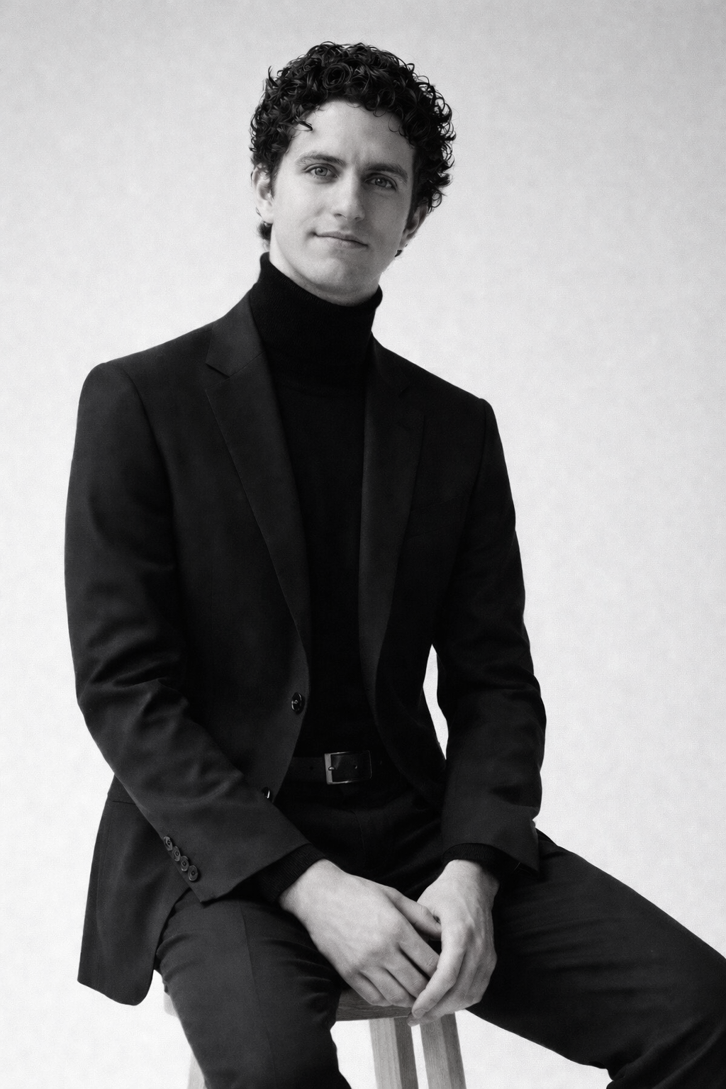 Black and white portrait of a man with curly hair sitting on a stool, wearing a black blazer and turtleneck, against a plain background.