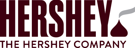 Hershey logo in dark red color with a stylized chocolate kiss illustration in gray.