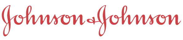 Johnson & Johnson logo with red script font and black dotted background.