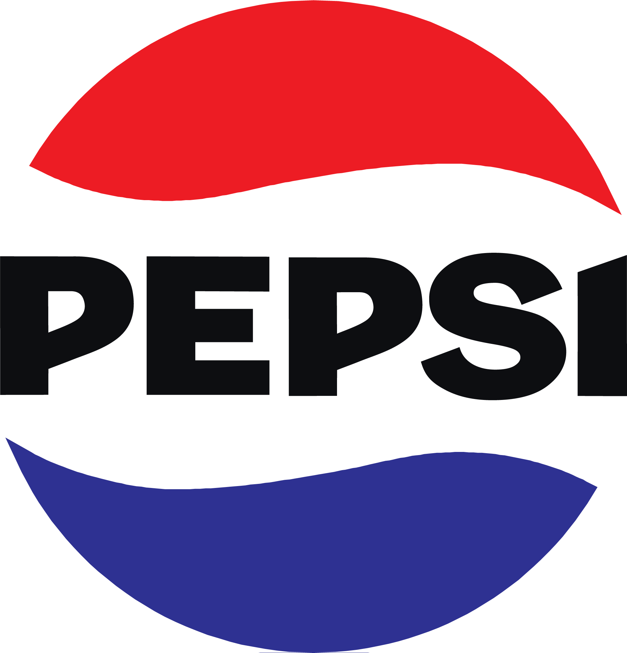 Pepsi logo featuring red and blue curved shapes above and below the brand name in black letters