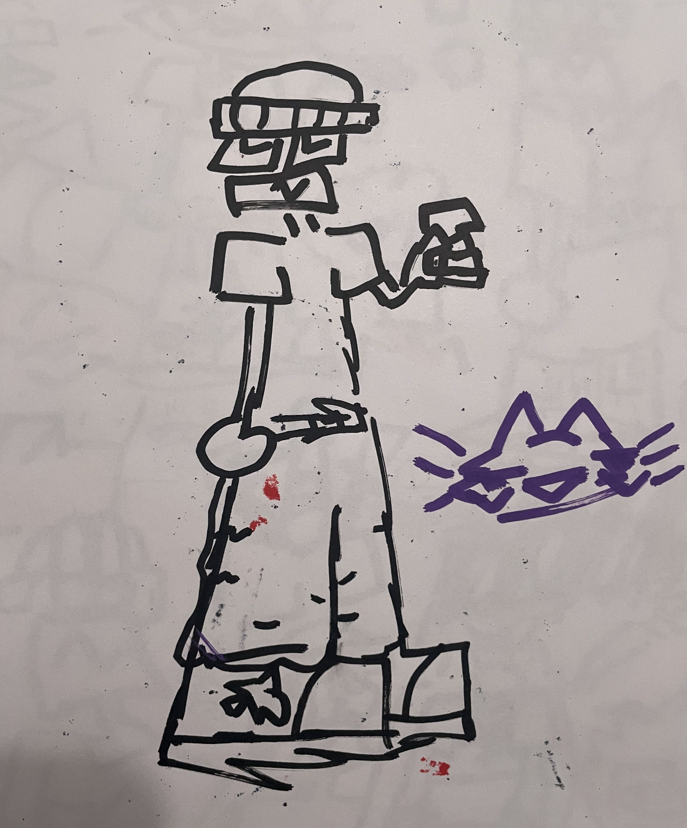 A black marker drawing of a person wearing glasses and shorts, holding a smartphone, with a purple, smiling cat face near the person's waist.