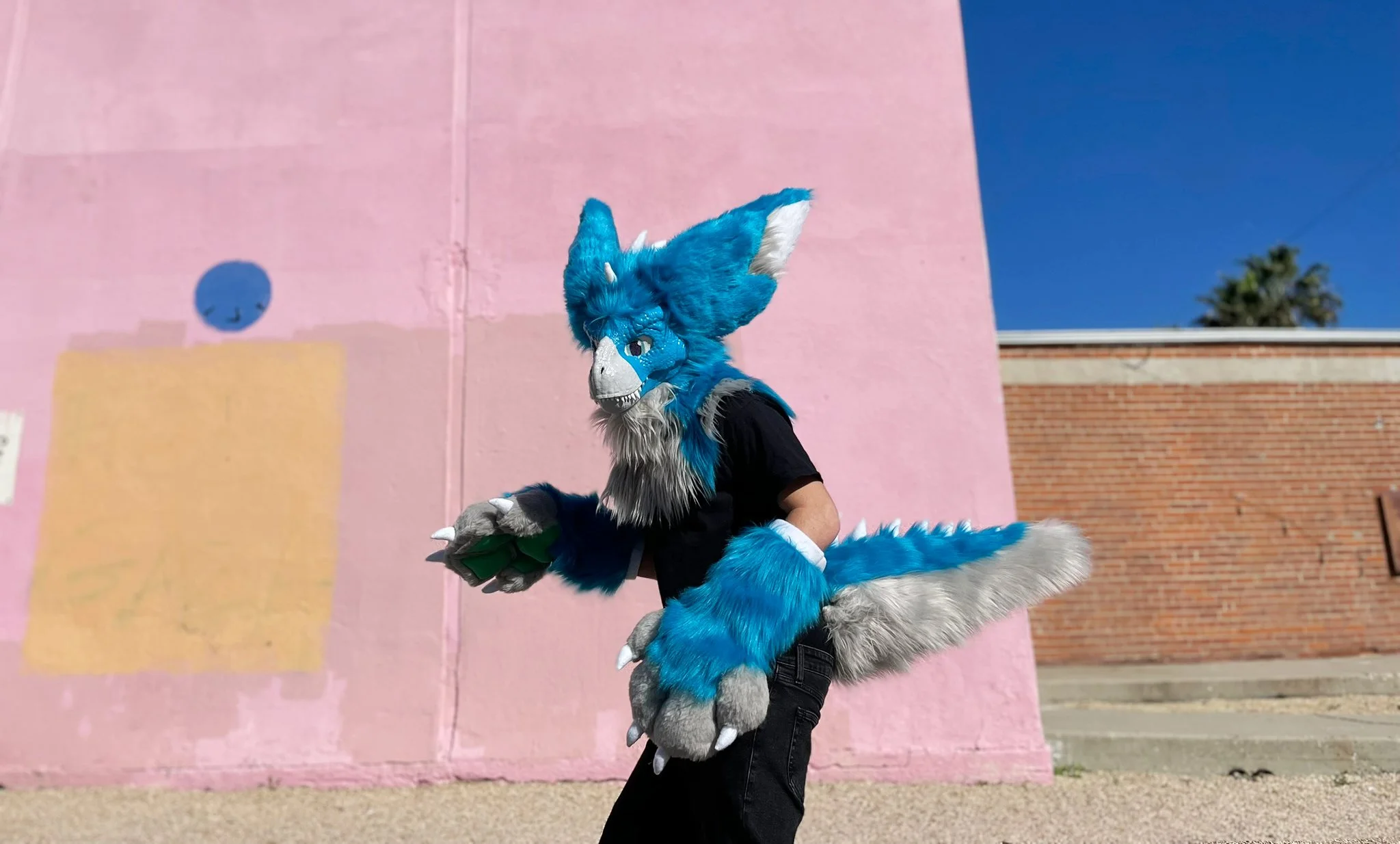 Person in a blue fursuit with a wolf or fox design standing outdoors against a pink and brick wall, with clear blue sky in the background.