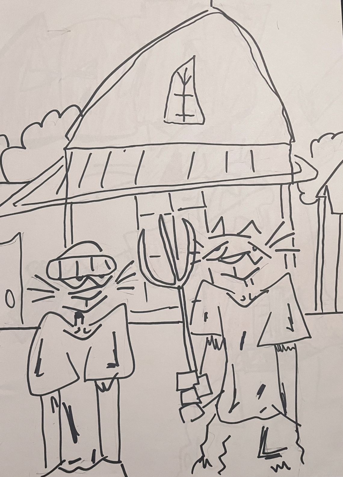 A line drawing of two characters, one wearing a hat and the other holding an umbrella, in front of a house with a triangular roof and a window.