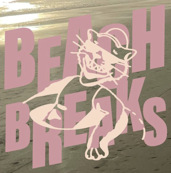 Pink graphic of a lion's head with a crown over large pink text that says 'BEACH BREAKS'.