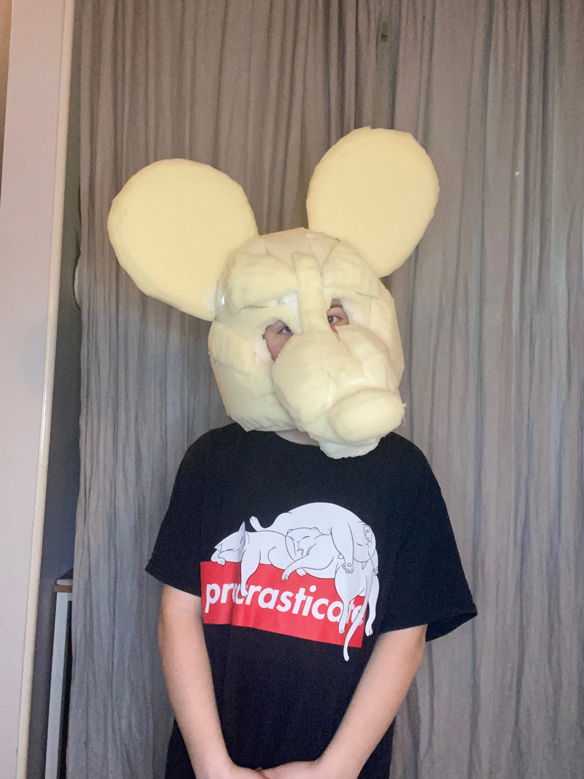 Person wearing a large mouse mask made of butter or a similar material, with big ears and facial features, standing in front of a gray curtain.