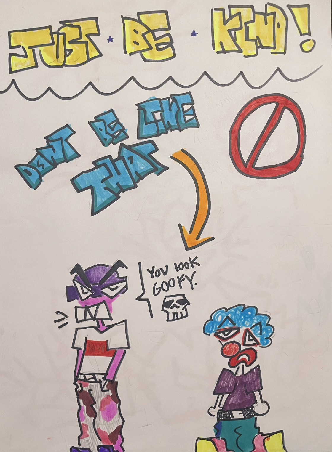 Colorful hand-drawn poster with graffiti-style text and cartoon characters. The text says 'JUST BE KID!', 'DON'T BE THE ZOMBIE', with an arrow pointing to two distressed characters. One character has purple skin, glasses, and is wearing camo pants, t