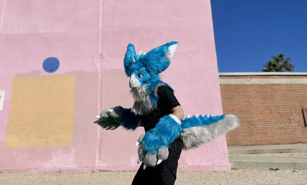 Person in a blue and gray furry creature costume outdoors, standing against a pink wall with a colorful mural, under clear blue skies.