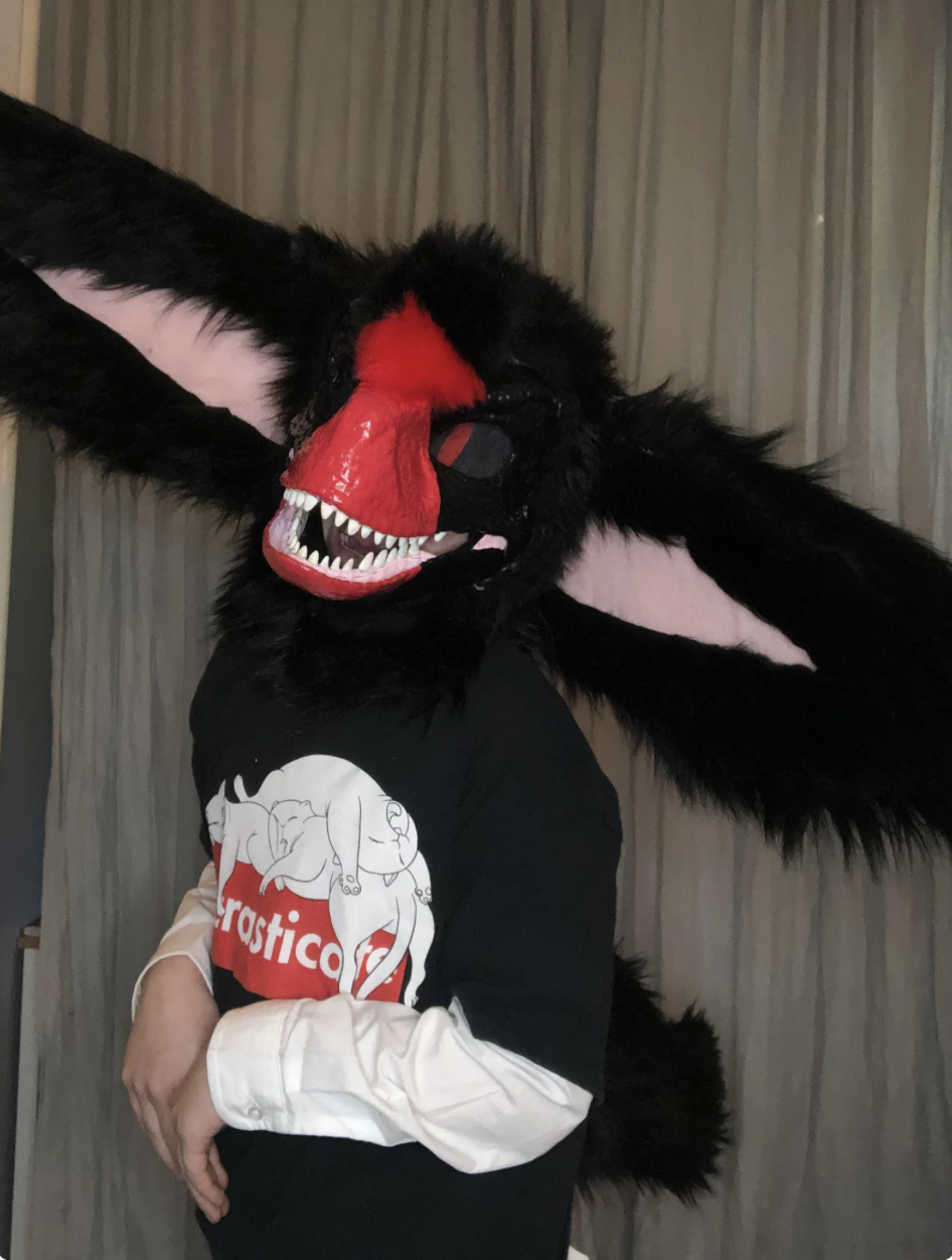 Person wearing a black t-shirt with white and red graphic, and a white long sleeve shirt underneath, with a large black furry costume head with a red nose, big black ears, and sharp teeth.