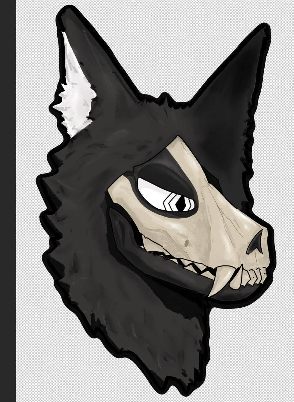 Digital illustration of a wolf's head, with a black fur and visible eyes and sharp teeth, showing a skull-like face.