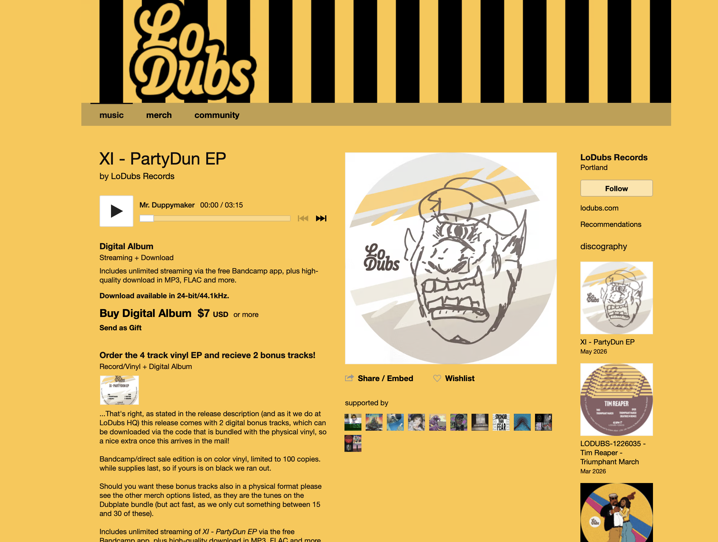 A colorful web page promoting LoDubs Records' XI - PartyDun EP with a cartoon drawing of a face wearing sunglasses. The page features music controls, album details, and options to buy or stream the digital album.