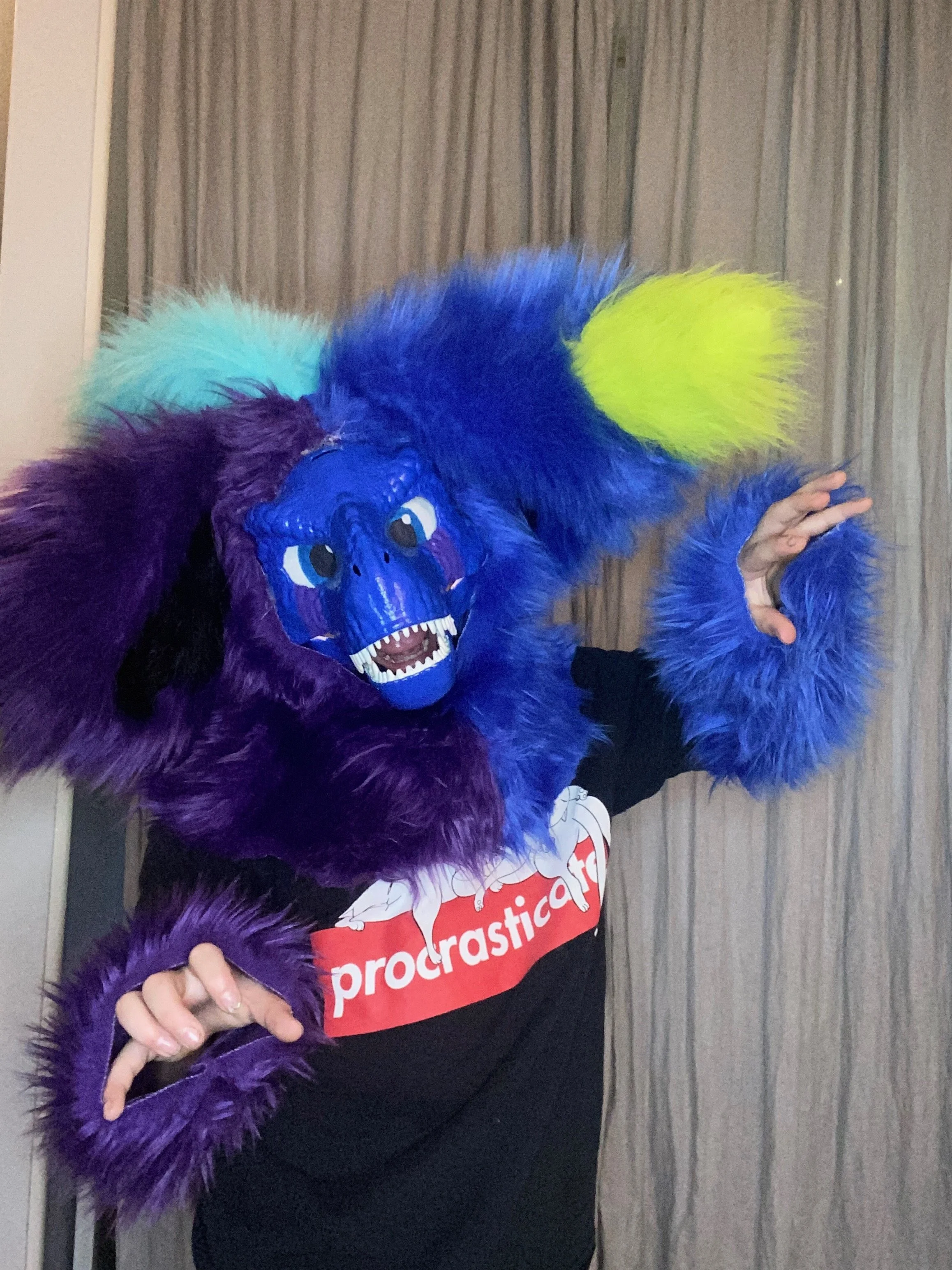 Person wearing a colorful furry creature costume with a blue skull mask and a black shirt with red and white text.