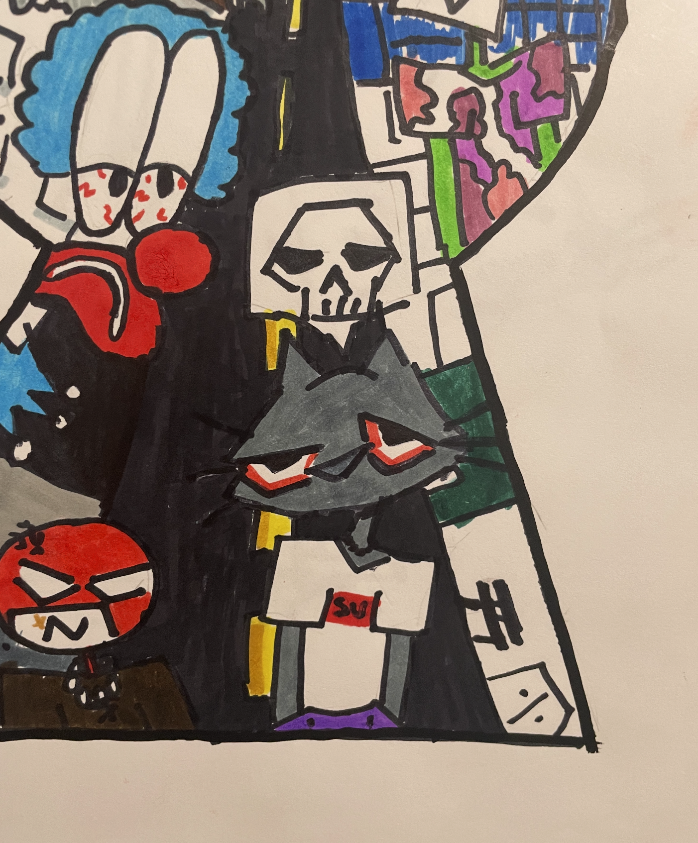 A colorful drawing featuring two skeleton characters, one with red glasses and a shirt labeled 'SV,' and another with glasses and a gray hoodie. Various abstract shapes and colors are in the background, including a skull, a red angry face, and other 