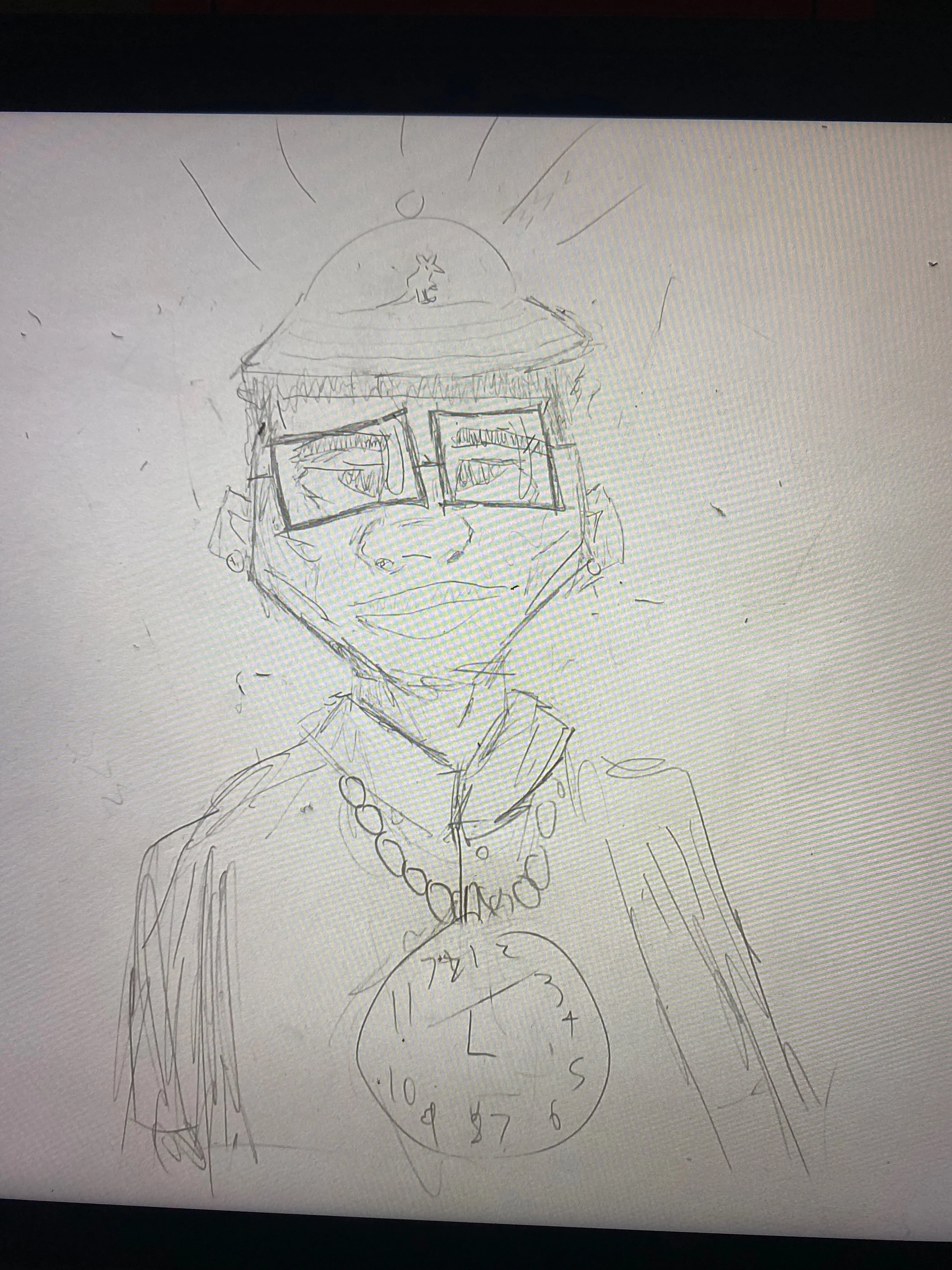 Sketch of a woman wearing glasses, a hat, and a necklace with a clock pendant, smiling.
