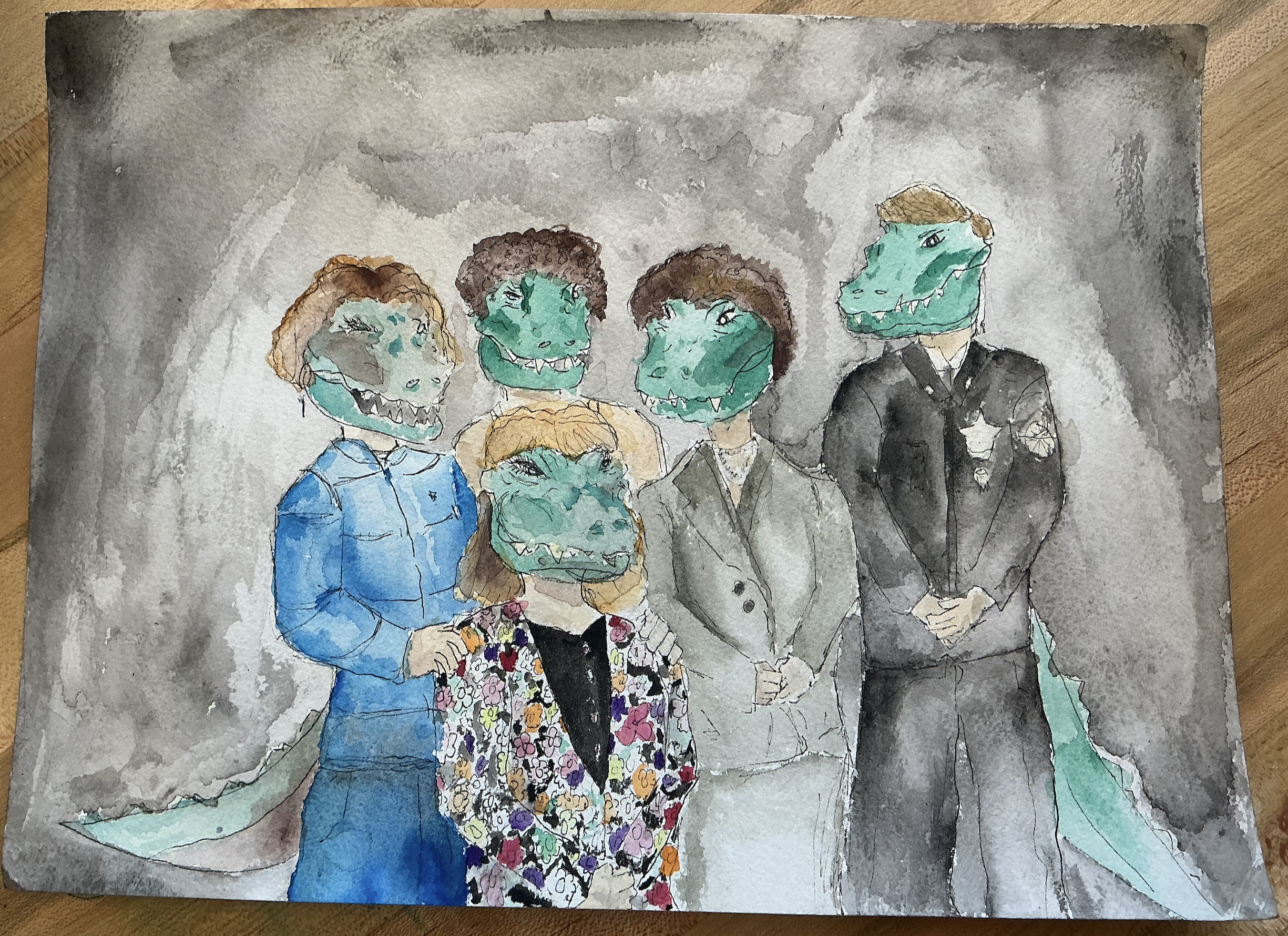 A watercolor painting of six people with crocodile heads wearing different outfits, standing against a gray background.