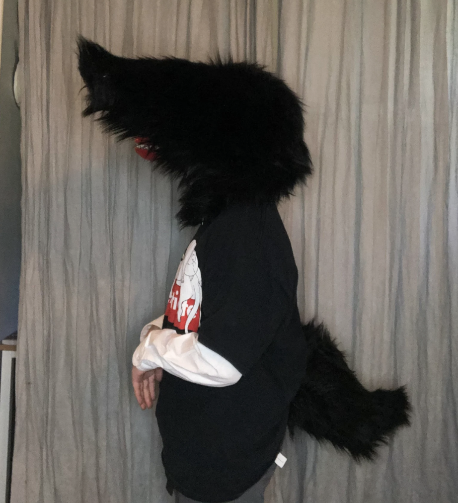 Person wearing a black hat and fuzzy costume with a dog face and tail, standing sideways in front of a curtain.