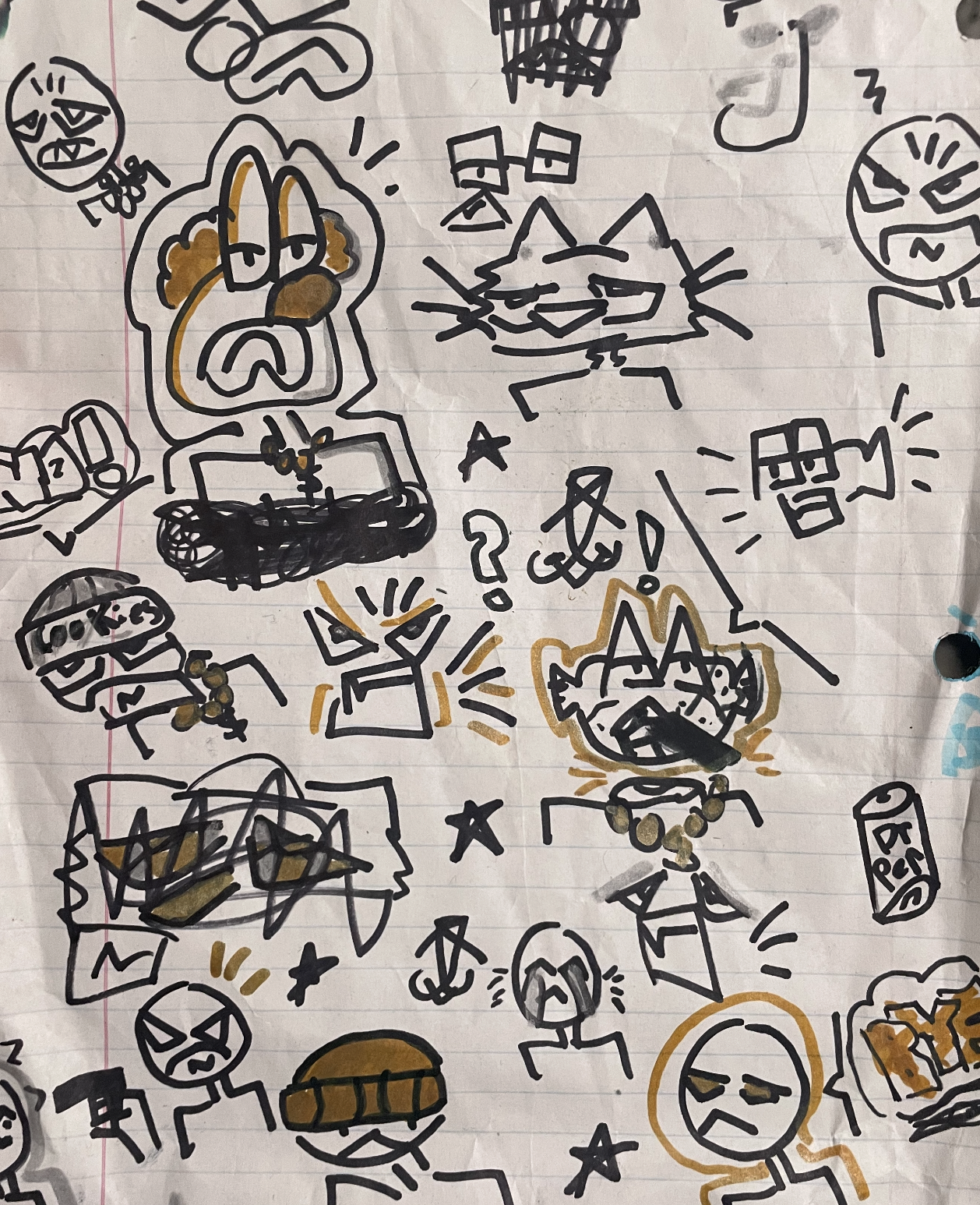 Collection of hand-drawn cartoon characters, including animals and humans, with expressive faces and various objects like a crown, a microphone, a box of snacks, and a spray can, all sketched on lined notebook paper.