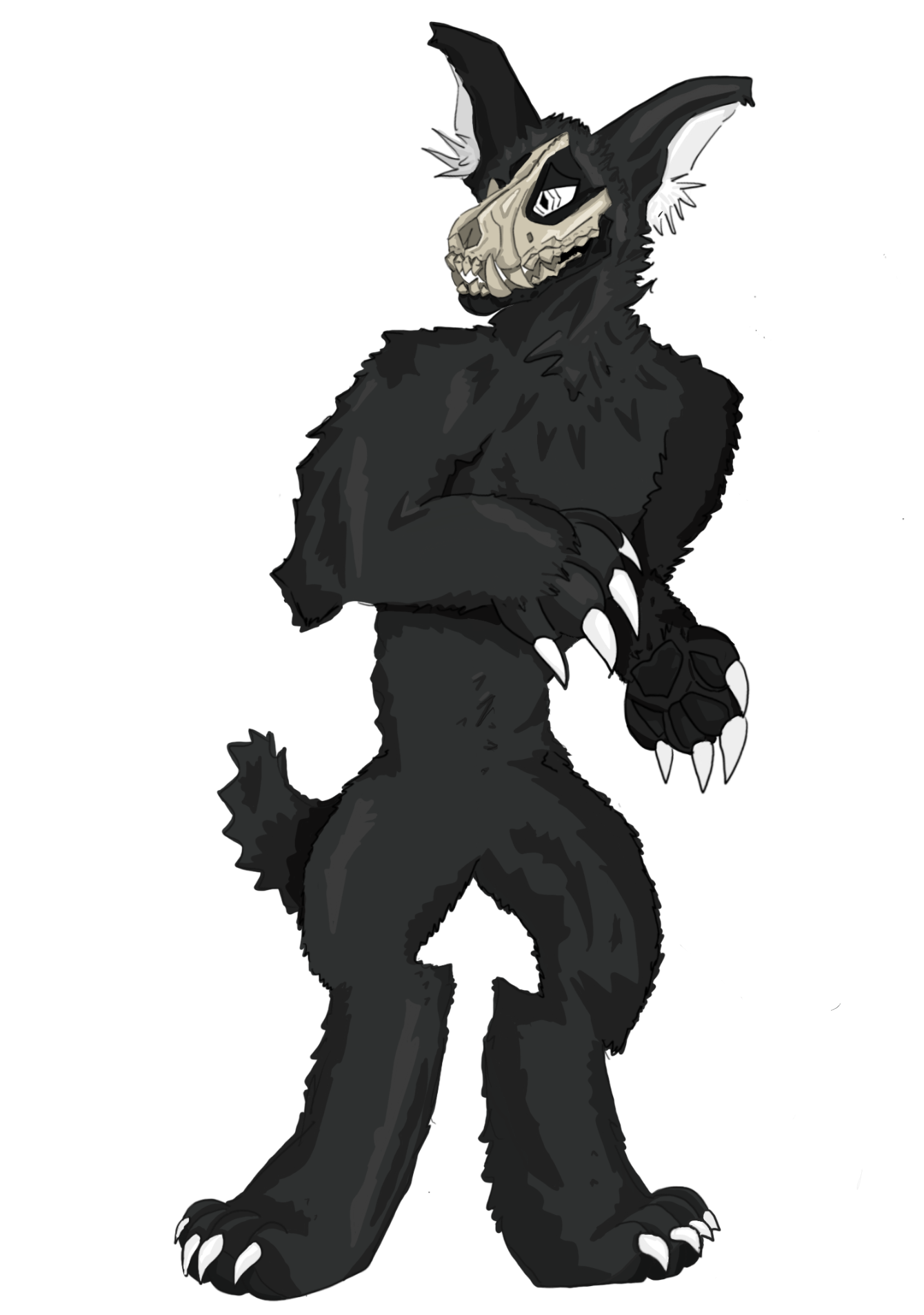 Drawing of a black anthropomorphic creature with a skull mask, large ears, claws, and a tail, standing in a confident pose.