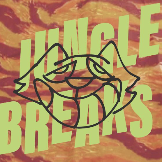 Artwork featuring a line drawing of a smiling face with hands framing the eyes, set against a background of orange and yellow tiger stripe pattern with large green text that reads 'Jungle Breaths'.