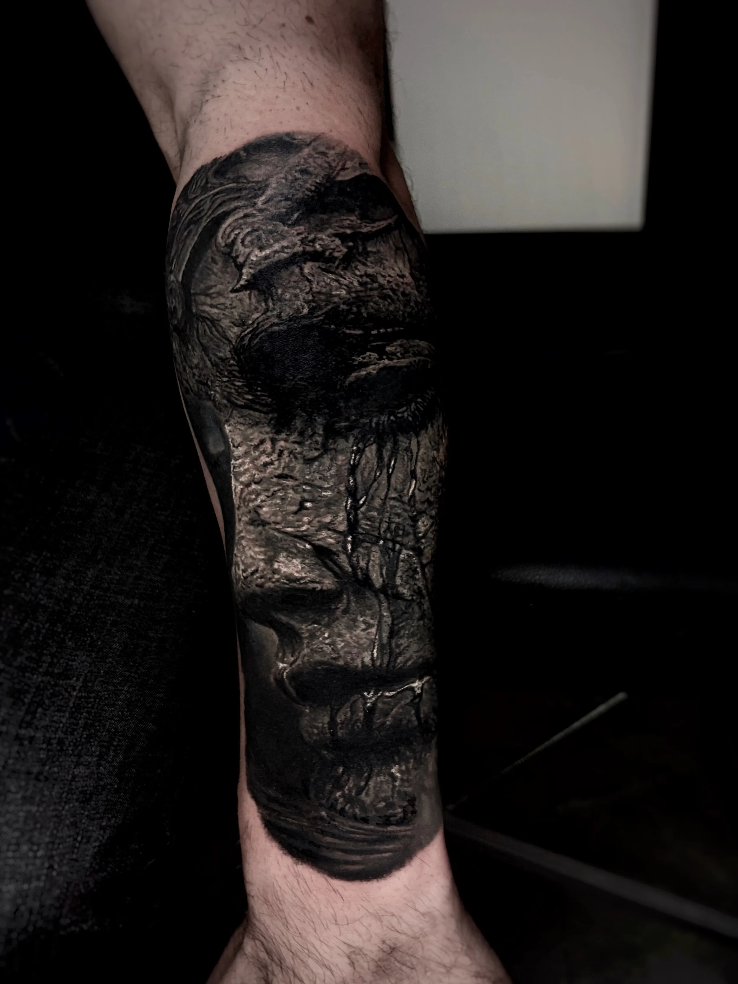 Black-and-grey forearm tattoo by Ben Bickley featuring a weathered face, branching textures and dark bird detail.