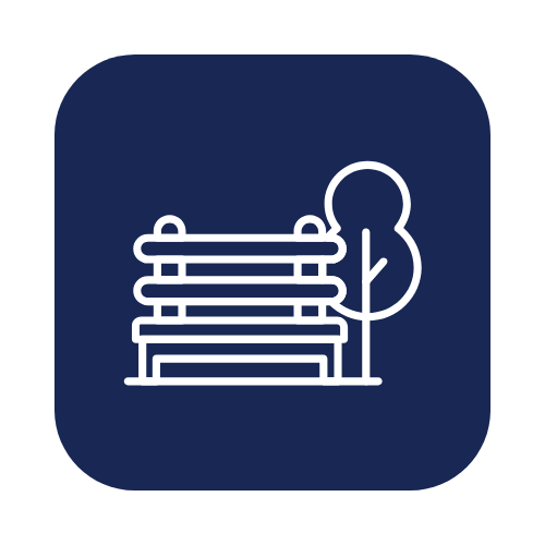Icon of a park bench with a tree nearby, on a dark blue background.
