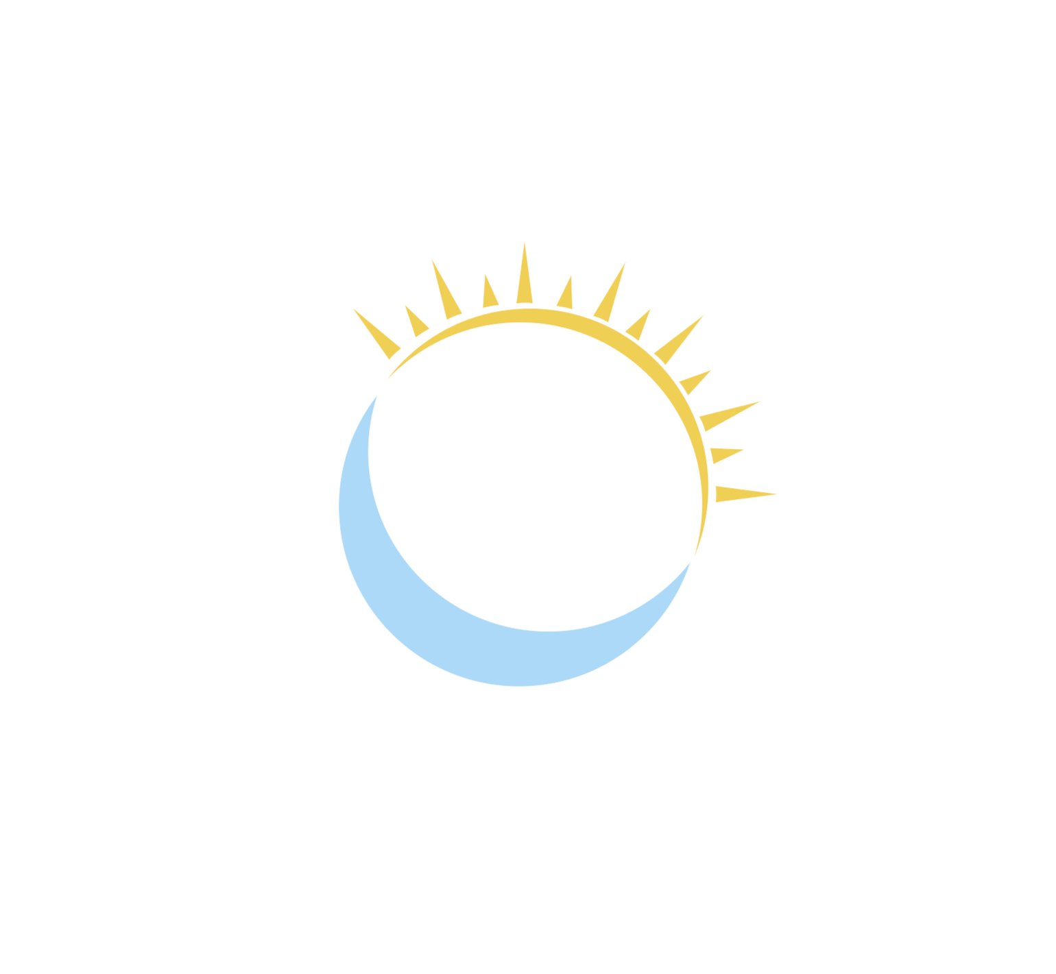 Black background with a graphic of a crescent moon in light blue and a half sun in gold, surrounded by black borders, representing night and day.