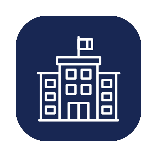 Icon of a government or public building with a flag on top, displayed on a dark blue background.