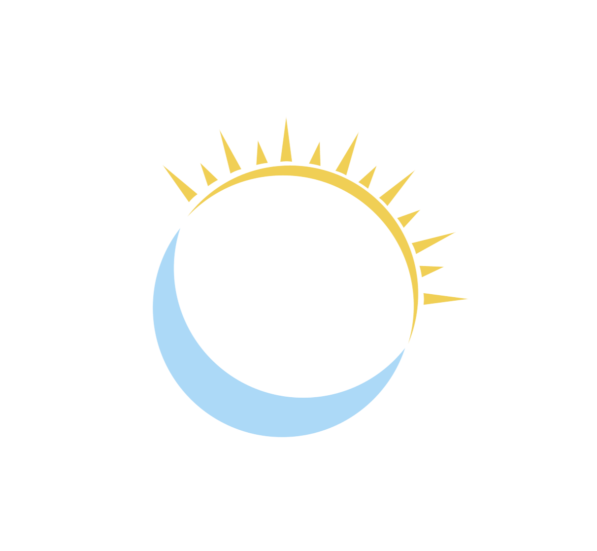 A graphic of a crescent moon in light blue below a partial yellow sun with rays extending outward, all on a black background.