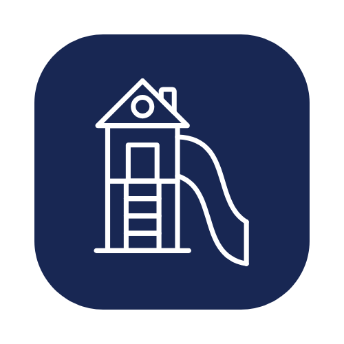 Icon of a playground slide with a house-shaped top on a dark blue rounded square background.
