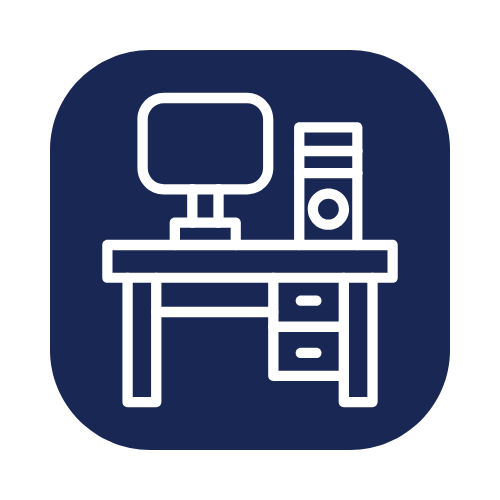Icon of a computer monitor, computer tower, and desk with drawers on a dark blue background.