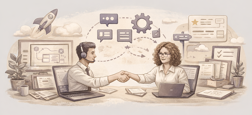 Illustration of collaborative knowledge work between product, engineering, and support teams