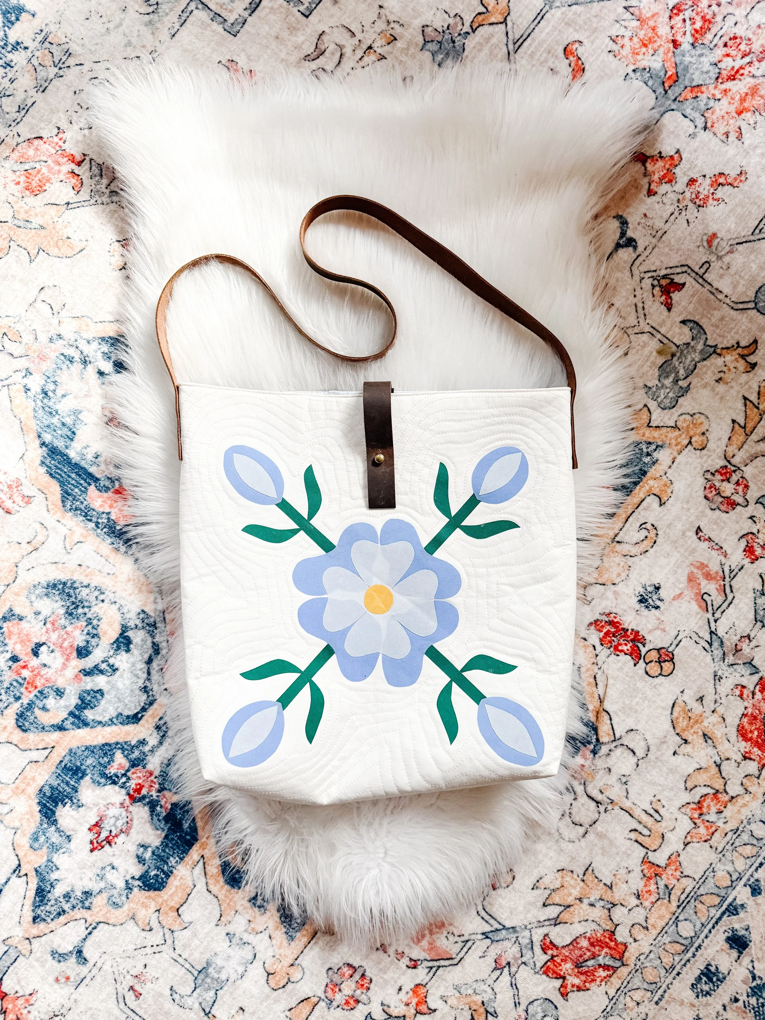 Blue Pansy Leather Strap Applique Tote Bag