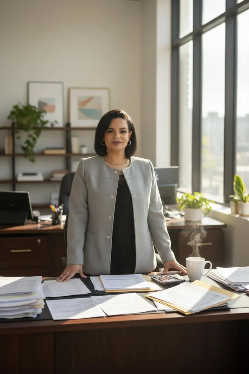 A woman standing behind a cluttered desk in an office with large windows, bookshelf, and plants