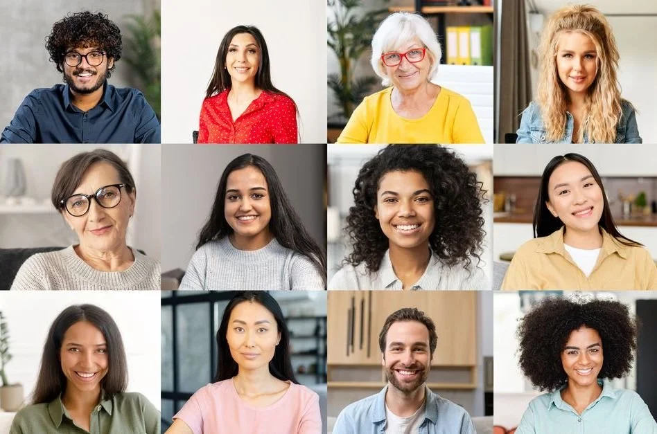 Screenshot of a virtual meeting with 15 diverse participants, each visible in their own video window, smiling and engaging from home.