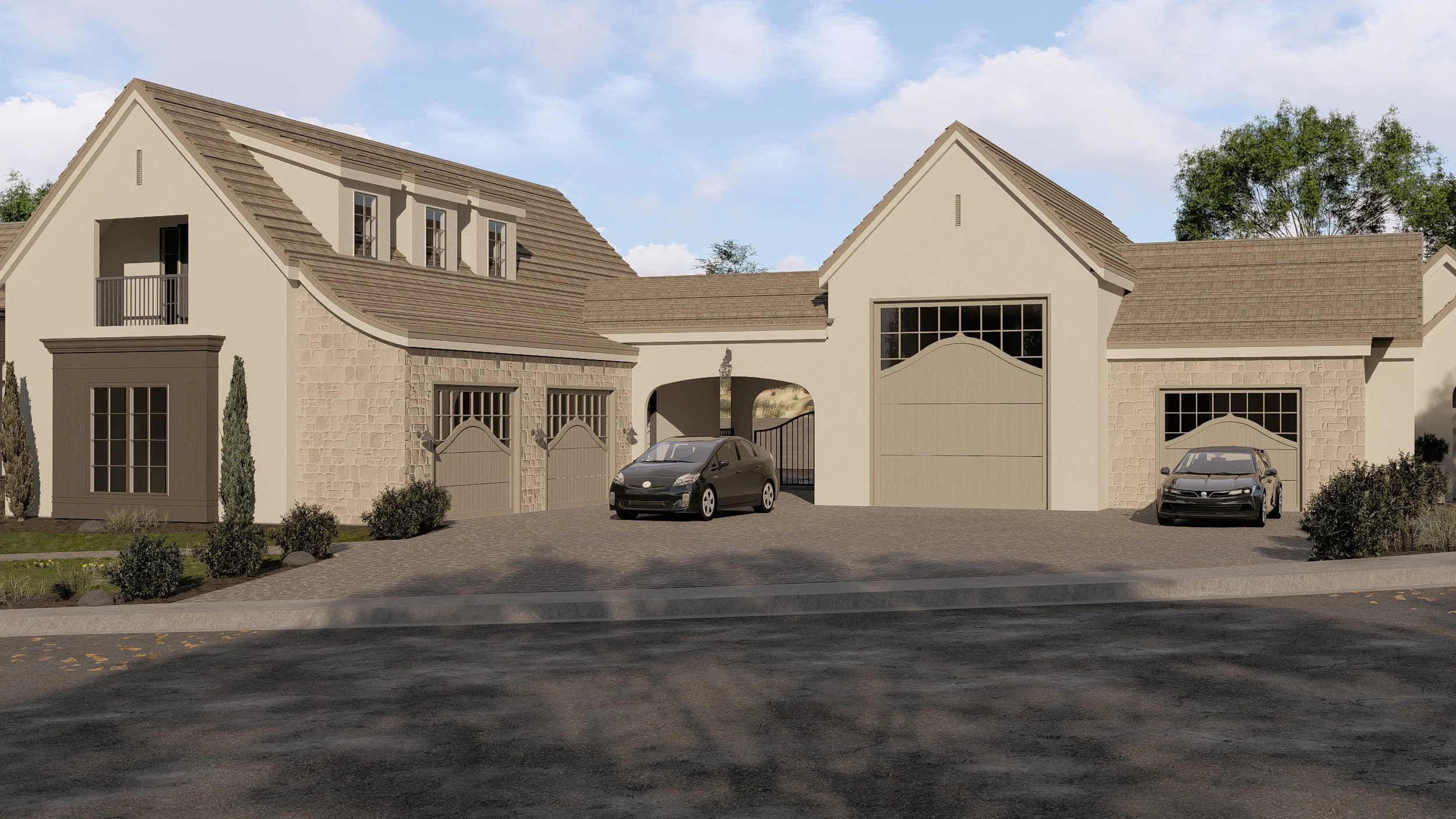A modern two-story house with a stone facade and a beige stucco exterior, featuring multiple garages with large wooden doors, a central archway driveway, and two parked cars in front. The house is surrounded by small bushes and trees, with a partly c