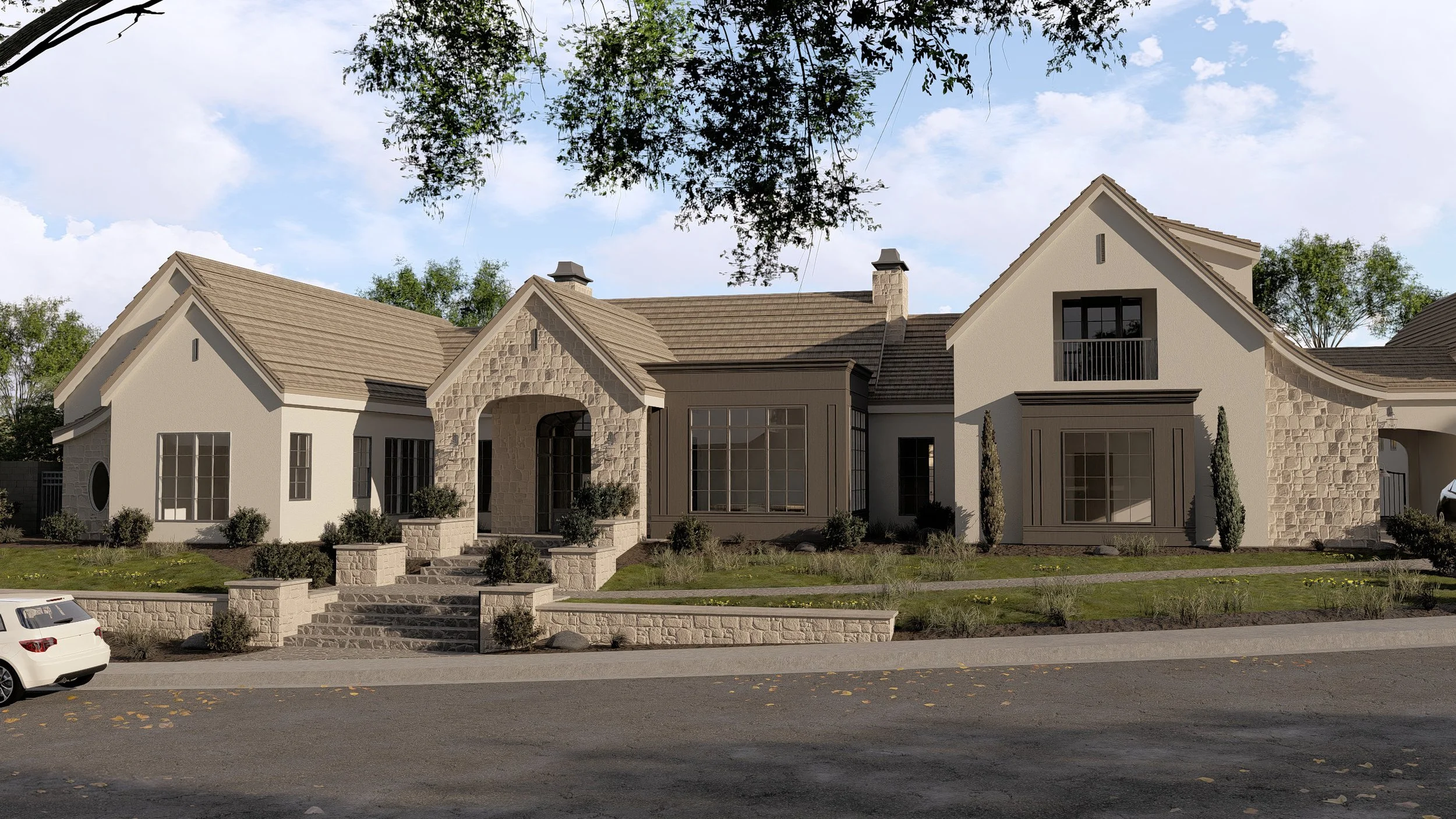 A modern two-story house with a beige and brown exterior, stone accents, large windows, and a landscaped front yard with plants and bushes, viewed from the street.