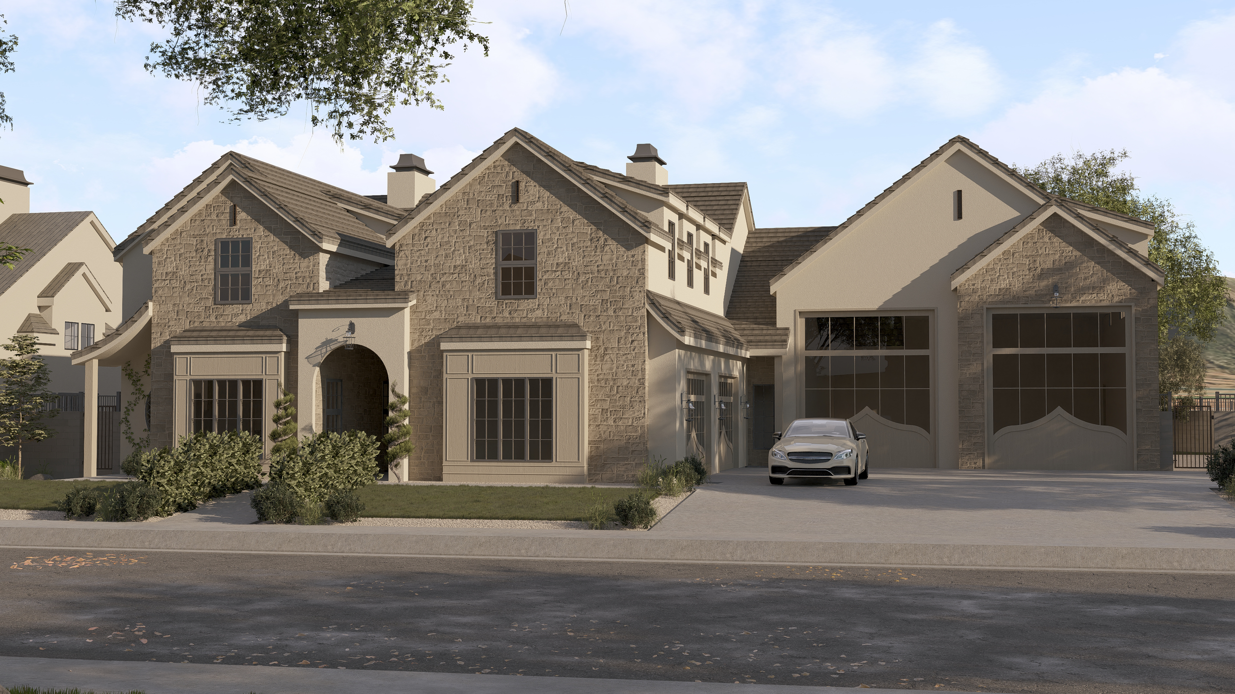 A modern two-story house with stone and stucco exterior, large front windows, and a driveway with a parked car. Front yard with shrubs and small trees, under a partly cloudy sky.