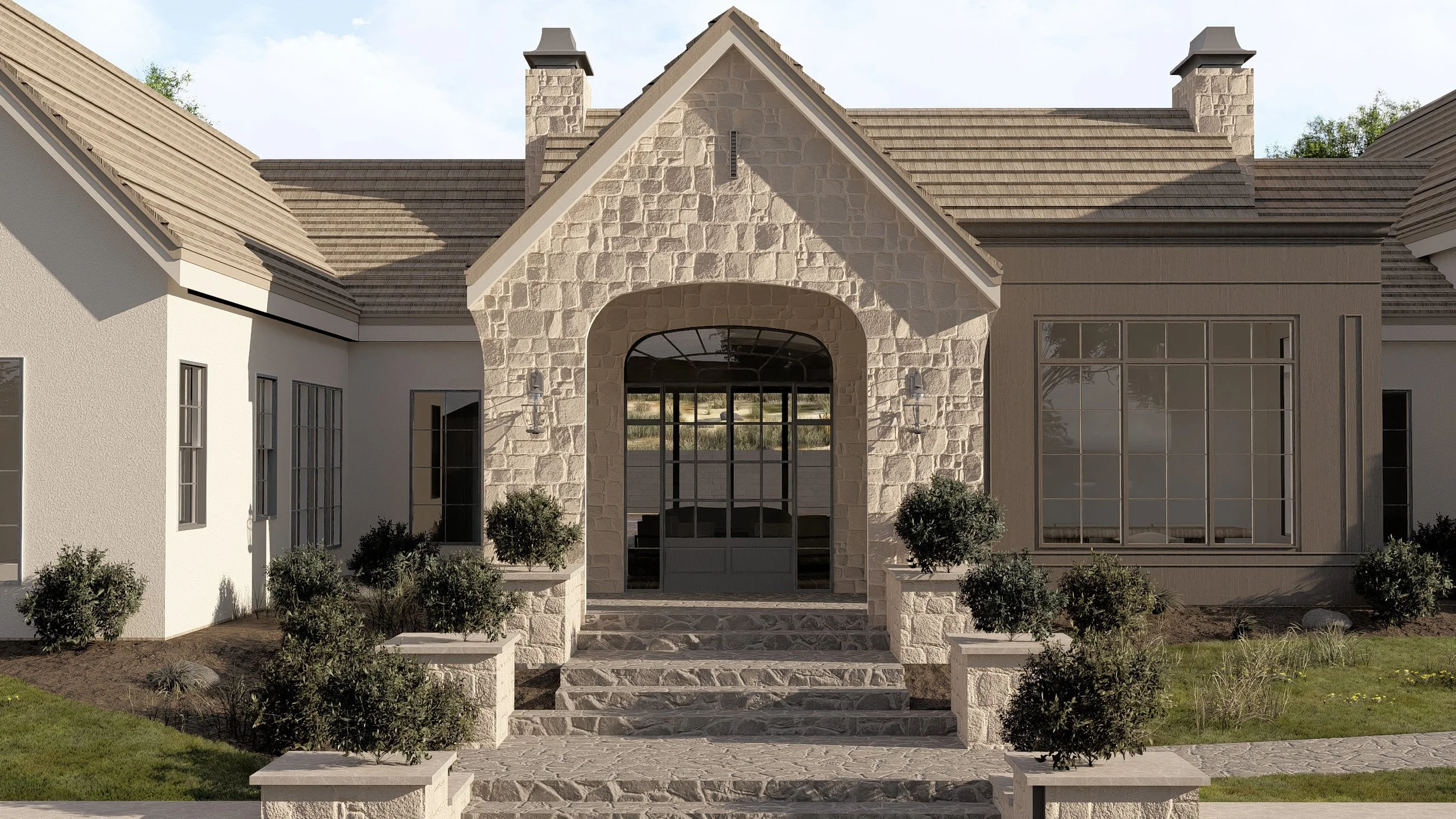 Front exterior of a house with stone and siding, large window, steps leading to a glass door, landscaping with bushes and grass.