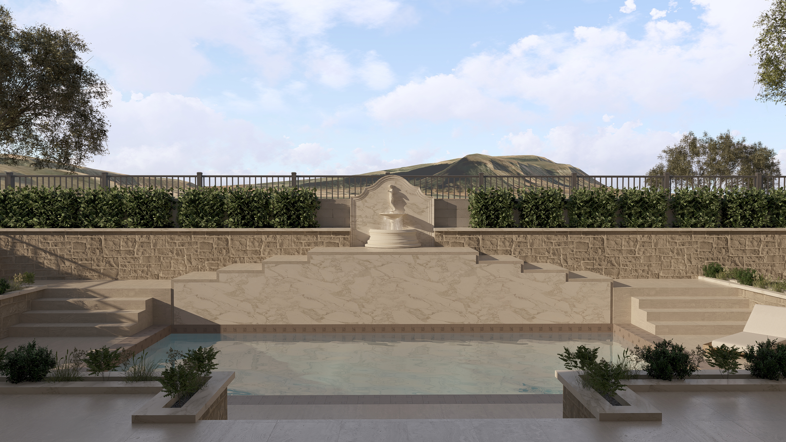 Backyard with a fountain, stairs, greenery, and mountain view