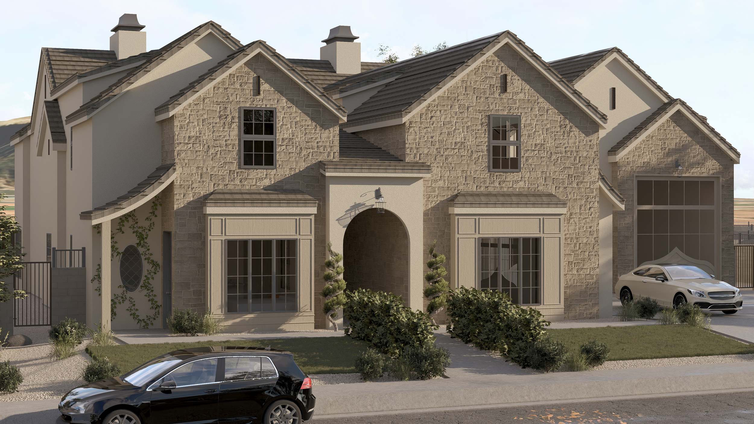 A modern two-story house with a combination of stone and stucco exterior, multiple gabled roofs, and large windows. There are two cars parked out front, one black and one white, along with landscaped bushes and small trees.