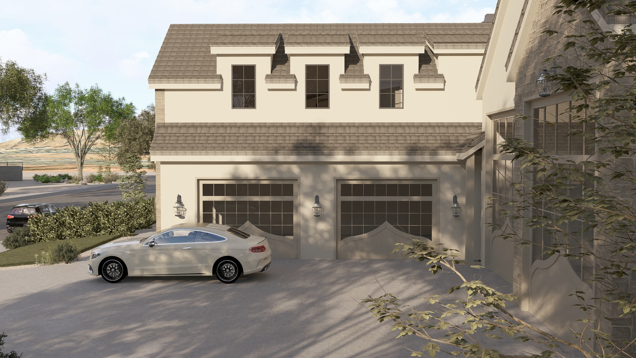 Front view of a cream-colored house with a two-car garage, a white sports car parked in the driveway, trees, bushes, and a distant landscape with hills.