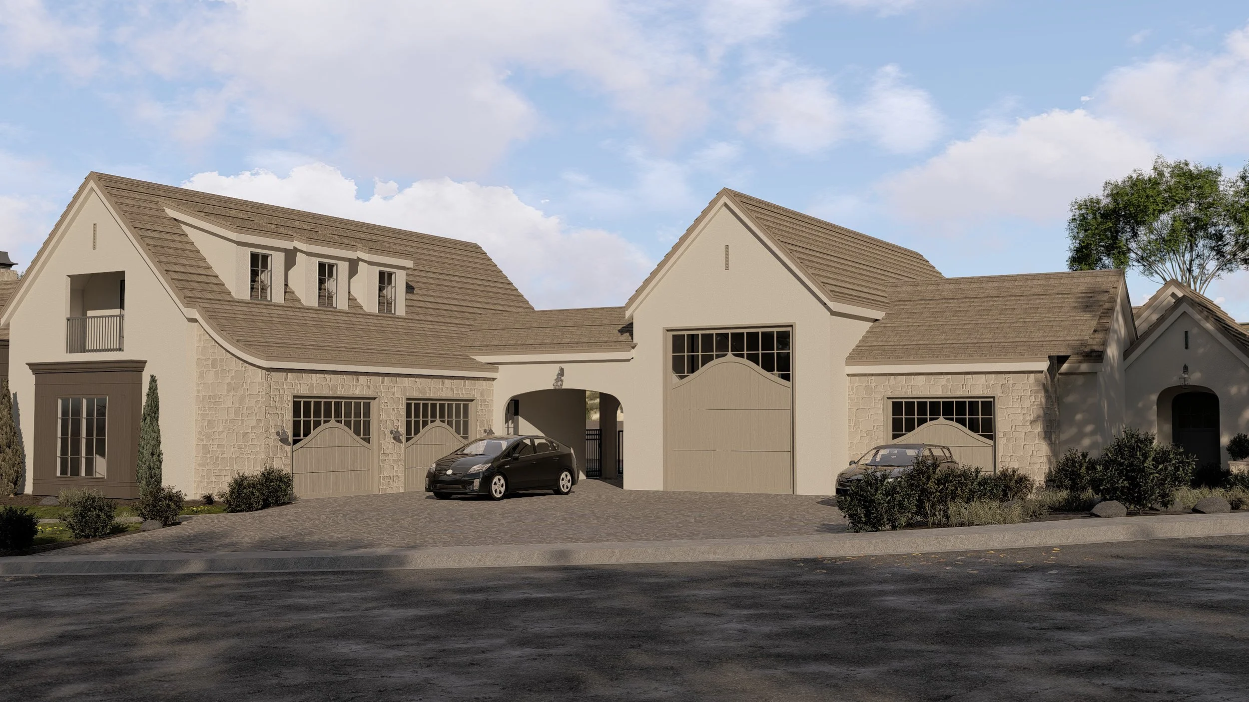Modern two-story house with a light-colored facade, stone accents, multiple garage doors, and two cars parked in front, surrounded by landscaped bushes and trees.